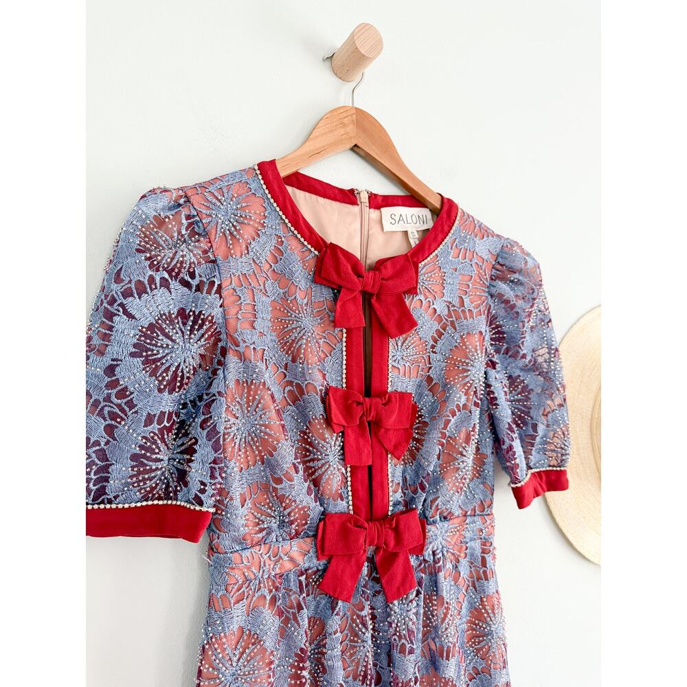 Saloni | Jamie C Embellishment Bows Dress in Blue Carmine | Sz 2 / UK Sz 6 - Picture 3 of 11